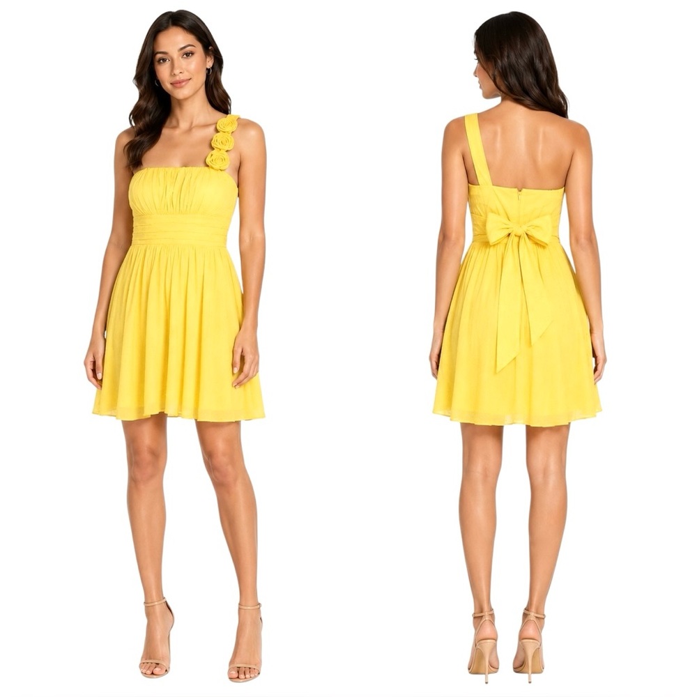 Trixxi Yellow One-Shoulder Rosette Dress Size 3 Cotton Empire Waist Party Dress
